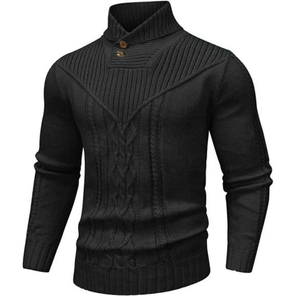Mens Shawl Collar Sweater Cable Knit Pullover Button Casual Warm Knitwear